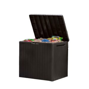 Keter City 30 Gallon Resin Outdoor Storage Box and Patio Furniture Side Table for Pool and Garden Accessories, Brown ? Premium & Durable Design-New