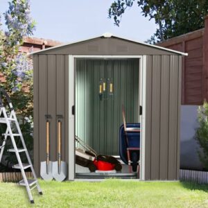 6x5 FT Outdoor Metal Garden Storage Shed with Side Window, Utility Tool Shed with Sloping Roof, Air Vents and Lockable Sliding Doors, Storage House for Backyard Lawn (Grey, 6x5) ? Premium & Durable Design-New