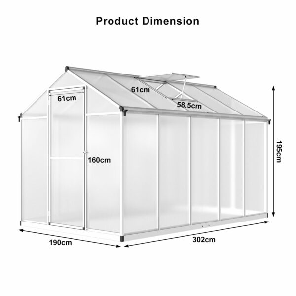 6x10 FT Greenhouse for Outdoors, Polycarbonate Greenhouse with Quick Setup Structure and Roof Vent, Aluminum Large Walk-in Greenhouse for Outside Garden Backyard, Silver-New - Image 3