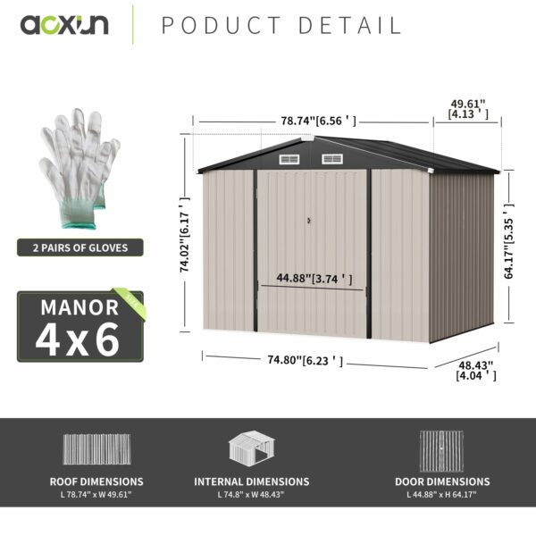 Aoxun Storage Shed 6x4 FT Metal Shed Galvanised Steel Garden Shed with Lockable Doors Outdoor Waterproof Shed for Bike Storage, Tool Storage, Temporary Storage (Brown)-New - Image 4