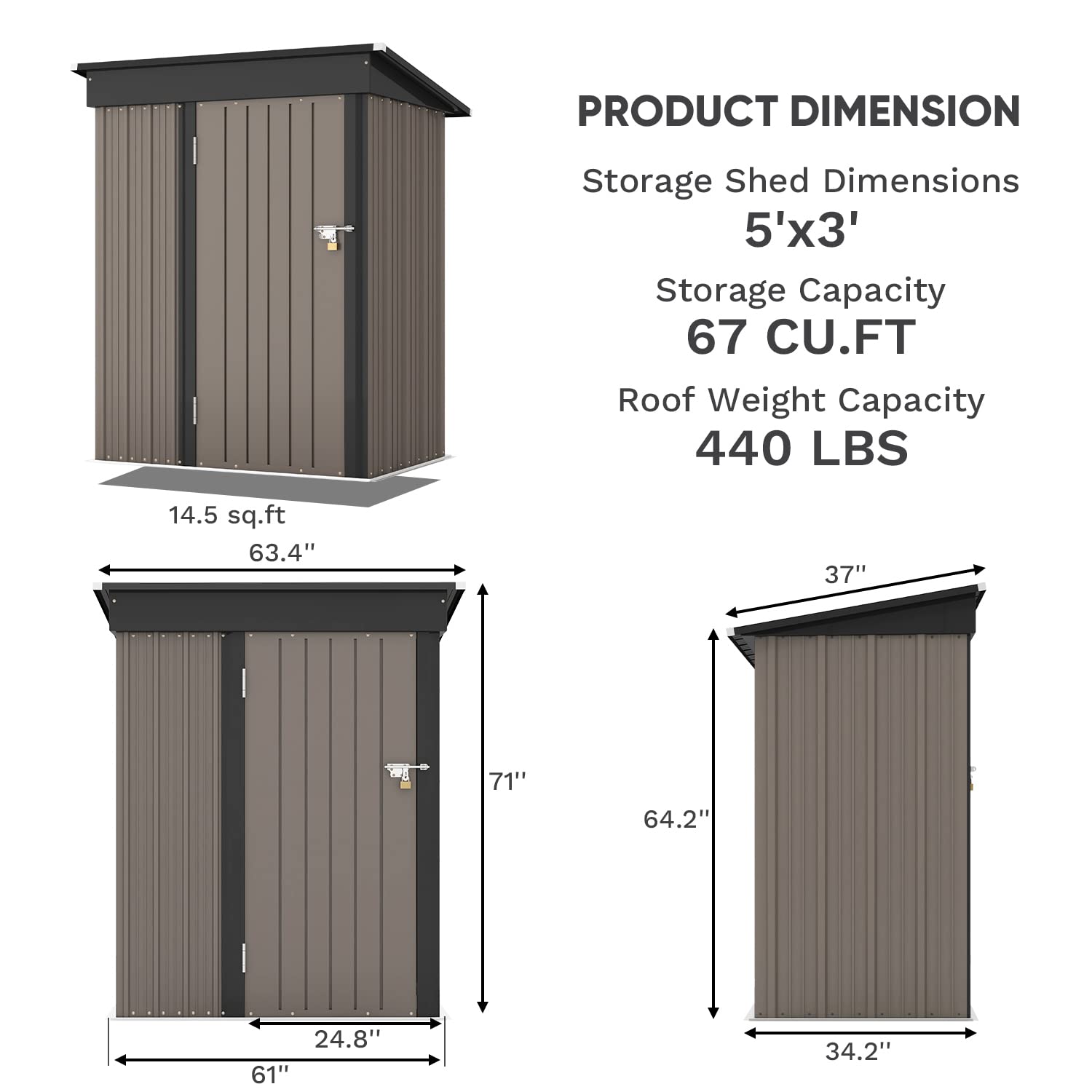 Patiowell 5x3 FT Outdoor Storage Shed, Tool Shed with Sloping Roof and Lockable Door, Metal Shed for Backyard Garden Patio Lawn, Brown ? Premium & Durable Design-New - Image 6