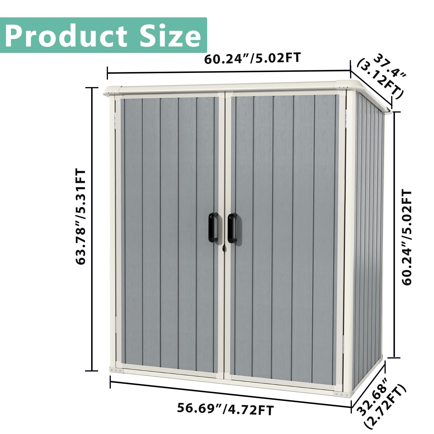 Aoxun Outdoor Storage Shed 5 x 3FT, Resin Shed with Floor and Lockable Door, Plastic Shed for Bike, Garbage Can, Tool, Accessories, Lawn, Garden - Grey-New - Image 6
