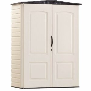 Rubbermaid Small Vertical Resin Outdoor Storage Shed With Floor (2.3 x 4.6 Ft), Weather Resistant, Beige/Brown, Organization for Home/Backyard/Pool Chemicals/Toys/Garden Tools/Porch/Patio Cushions-New
