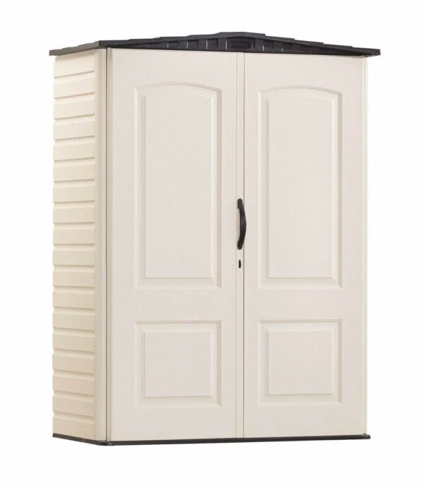 Rubbermaid Small Vertical Resin Outdoor Storage Shed With Floor (2.3 x 4.6 Ft), Weather Resistant, Beige/Brown, Organization for Home/Backyard/Pool Chemicals/Toys/Garden Tools/Porch/Patio Cushions-New