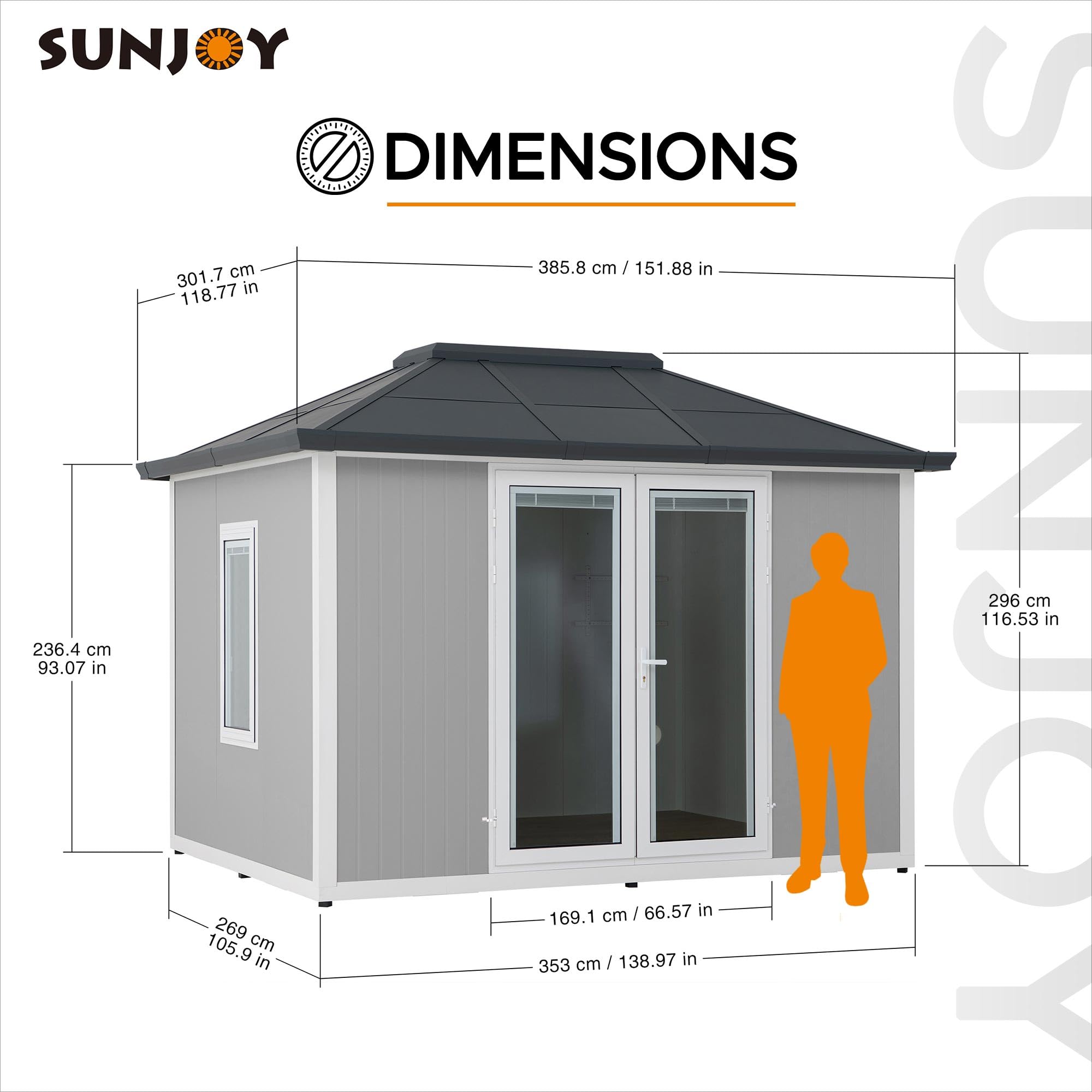Sunjoy Office Shed for Outdoor, Tiny House 10'x12.6' She Shed, Backyard Office, Multipurpose Outdoor Room, Home Gym with Floor, 2 Windows and Lockable Doors ? Premium & Durable Design-New - Image 6