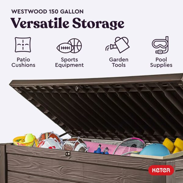 Keter Outdoor Storage Deck Box, 150 Gallon Resin Patio Bin & Bench, Wood Grain, Brown ? Premium & Durable Design-New - Image 3
