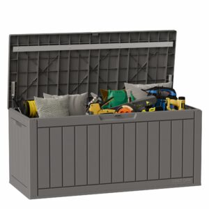 EAST OAK Outdoor Storage Box, 90 Gallon Deck Box, Waterproof Resin Storage Bin for Patio Cushions, Gardening Tools, Lockable, UV Resistant, Grey-New
