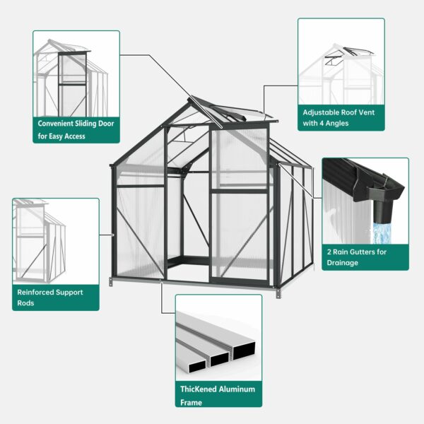 6x8 FT Outdoor Greenhouse, Polycarbonate Green Houses for Outside, Heavy Duty Large Walk in Green House for Plants with Aluminum Frame, Roof Vent, Rain Gutters for Garden Backyard ? Premium & Durable Design-New - Image 4