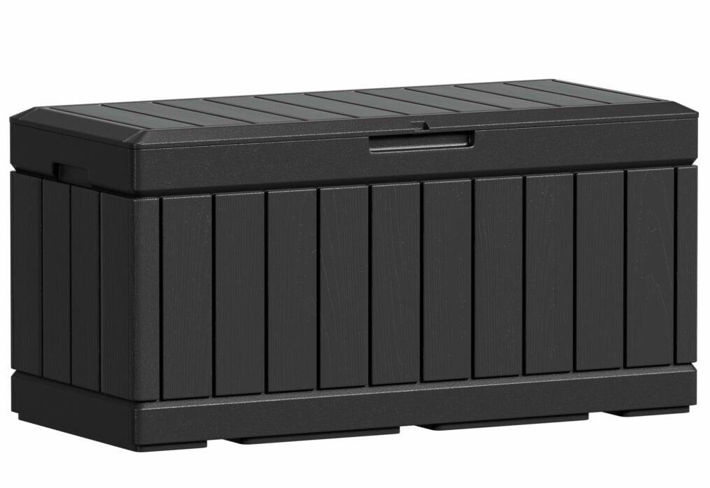 Greesum 82 Gallon Resin Deck Box Large Outdoor Storage for Patio Furniture, Garden Tools, Pool Supplies, Weatherproof and UV Resistant, Lockable, Black-New
