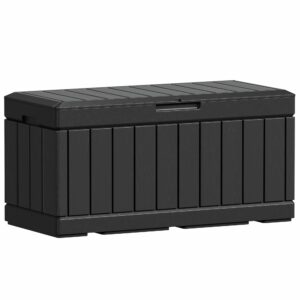 Greesum 82 Gallon Resin Deck Box Large Outdoor Storage for Patio Furniture, Garden Tools, Pool Supplies, Weatherproof and UV Resistant, Lockable, Black-New