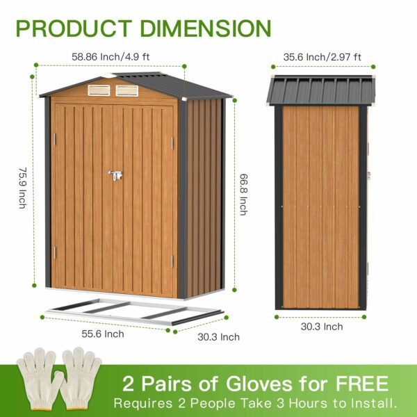 Outdoor Storage Shed, 5x3 Ft Metal Steel Tiny House with Frame Floor & Lockable Door, Vertical Outside Storage Building for Garden, Backyard, Lawn, Patio Utility, Tool Storage-New - Image 3
