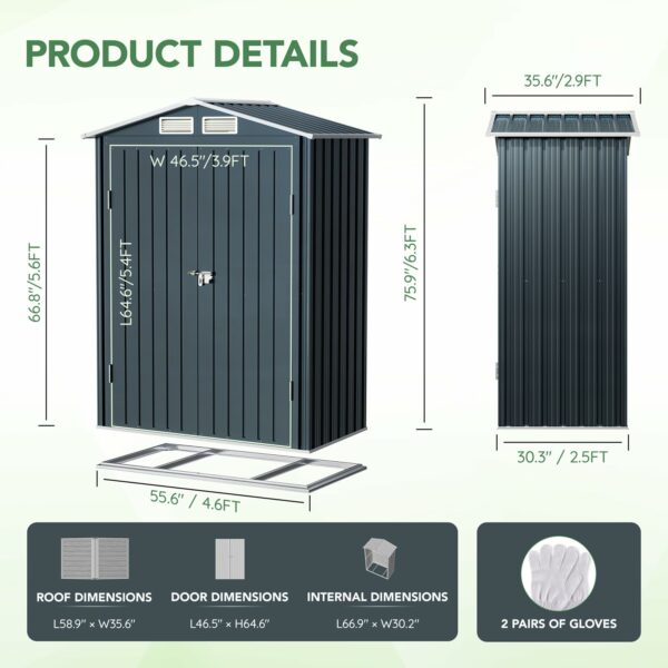 5x3X6.3FT Outdoor Steel Storage Shed with Lockable Doors and Frame Floor, Compact Small Bike Shed, Ideal for Garden, Backyard, Swimming Pool, Patio Utility and Tool Storage-New - Image 3