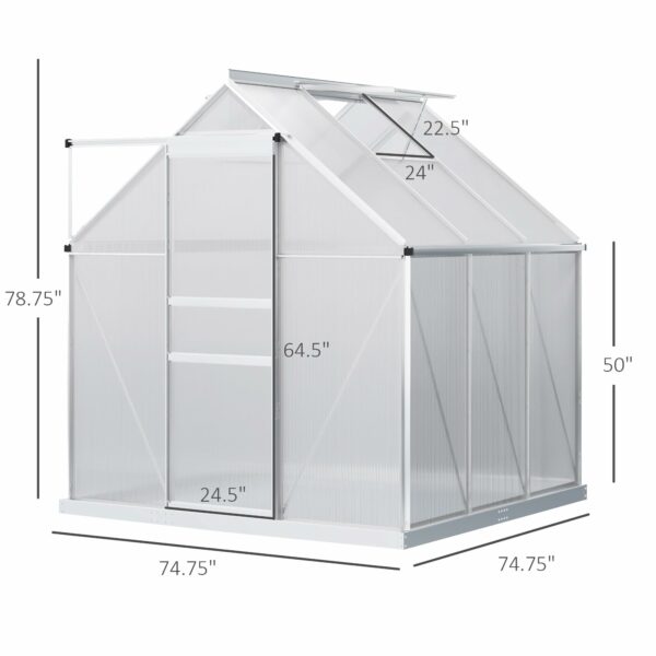 Outsunny 6' x 6' x 6.5' Polycarbonate Greenhouse with Adjustable Roof Vent, Walk-in Heavy Duty Green House Kit with Aluminum Frame, Sliding Door and Rain Gutter for Winter, Silver ? Premium & Durable Design-New - Image 5