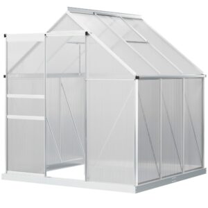 Outsunny 6' x 6' x 6.5' Polycarbonate Greenhouse with Adjustable Roof Vent, Walk-in Heavy Duty Green House Kit with Aluminum Frame, Sliding Door and Rain Gutter for Winter, Silver ? Premium & Durable Design-New