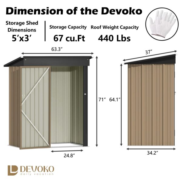 Devoko Outdoor Storage Shed 5 x 3 FT Lockable Metal Garden Shed Steel Anti-Corrosion Storage House with Single Lockable Door for Backyard Outdoor Patio (Brown)-New - Image 4