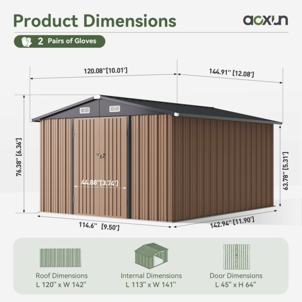 Aoxun 10x12 FT Outdoor Storage Shed, Steel Utility Tool Shed Storage House with Door & Lock, Metal Sheds Outdoor Storage for Garden Patio Lawn Poolside, Brown-New - Image 6