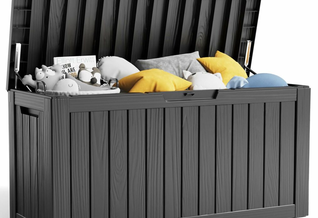 80 Gallon Resin Deck Box, Lockable Patio Outdoor Storage Box for Furniture, Garden Tools and Tools Storage, Waterproof Outside Storage Box – Black-New