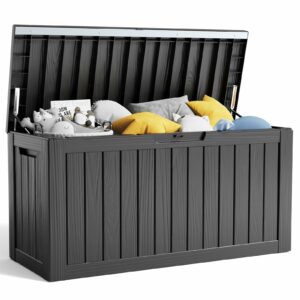 80 Gallon Resin Deck Box, Lockable Patio Outdoor Storage Box for Furniture, Garden Tools and Tools Storage, Waterproof Outside Storage Box - Black-New