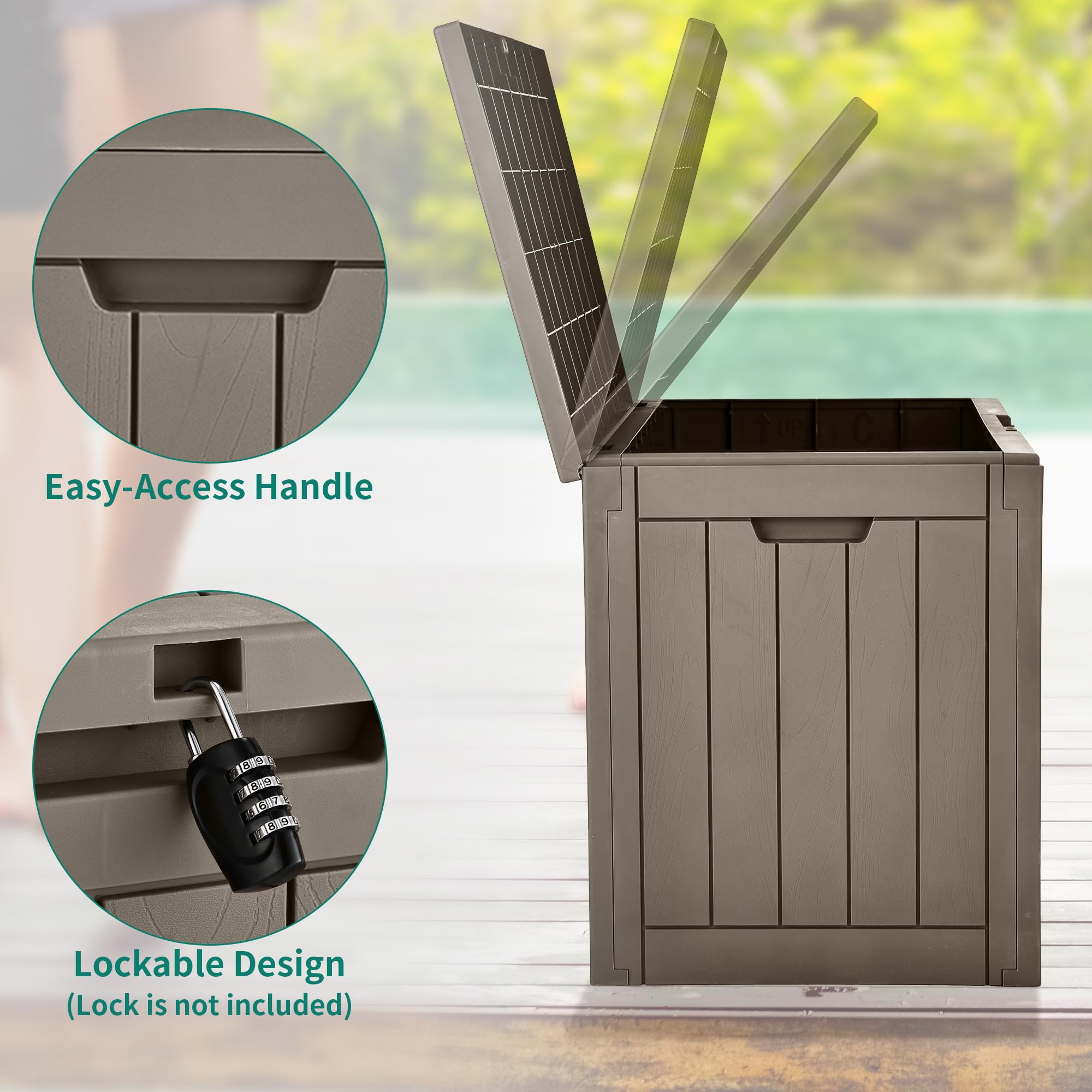 31 Gallon Outdoor Storage Deck Box, Waterproof Resin Package Delivery and Storage Box with Lockable Lid for Patio Furniture Cushions, Pool Accessories, Garden Tools, Taupe-New - Image 6