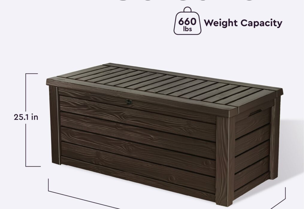 Keter Outdoor Storage Deck Box, 150 Gallon Resin Patio Bin & Bench, Wood Grain, Brown ? Premium & Durable Design-New