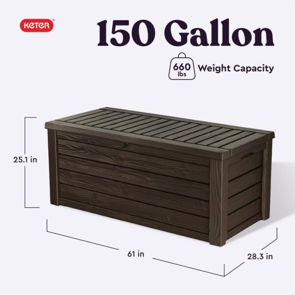 Keter Outdoor Storage Deck Box, 150 Gallon Resin Patio Bin & Bench, Wood Grain, Brown ? Premium & Durable Design-New