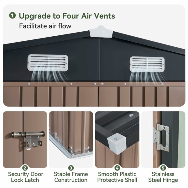 Aoxun 10x12 FT Outdoor Storage Shed, Steel Utility Tool Shed Storage House with Door & Lock, Metal Sheds Outdoor Storage for Garden Patio Lawn Poolside, Brown-New - Image 4