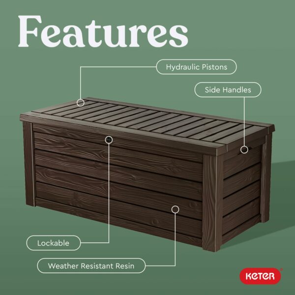 Keter Outdoor Storage Deck Box, 150 Gallon Resin Patio Bin & Bench, Wood Grain, Brown ? Premium & Durable Design-New - Image 2
