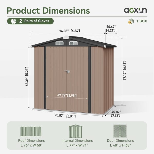 Aoxun 6x3.9 FT Shed with Base Metal Outdoor Storage Shed Garden Shed with Lockable Doors Tool Shed Bike Shed for Backyard, Patio, Poolside (Brown)-New - Image 4