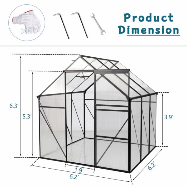 LUSPAZ 6x6ft Black Polycarbonate Greenhouse with Raised Base and Anchor Heavy Duty Aluminum Walk-in Greenhouse for Outdoor Backyard All Season Gardening Solution ? Premium & Durable Design-New - Image 3