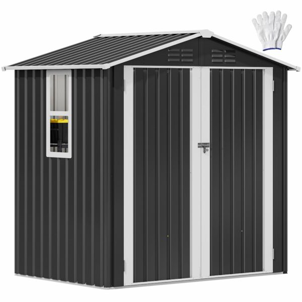 DWVO 6x4ft Metal Outdoor Storage Shed with Window, Lockable Tool Storage Sheds, Steel Garden Sheds with Sloped Roof for Backyard, Patio, Garage, Lawn, Gray-New