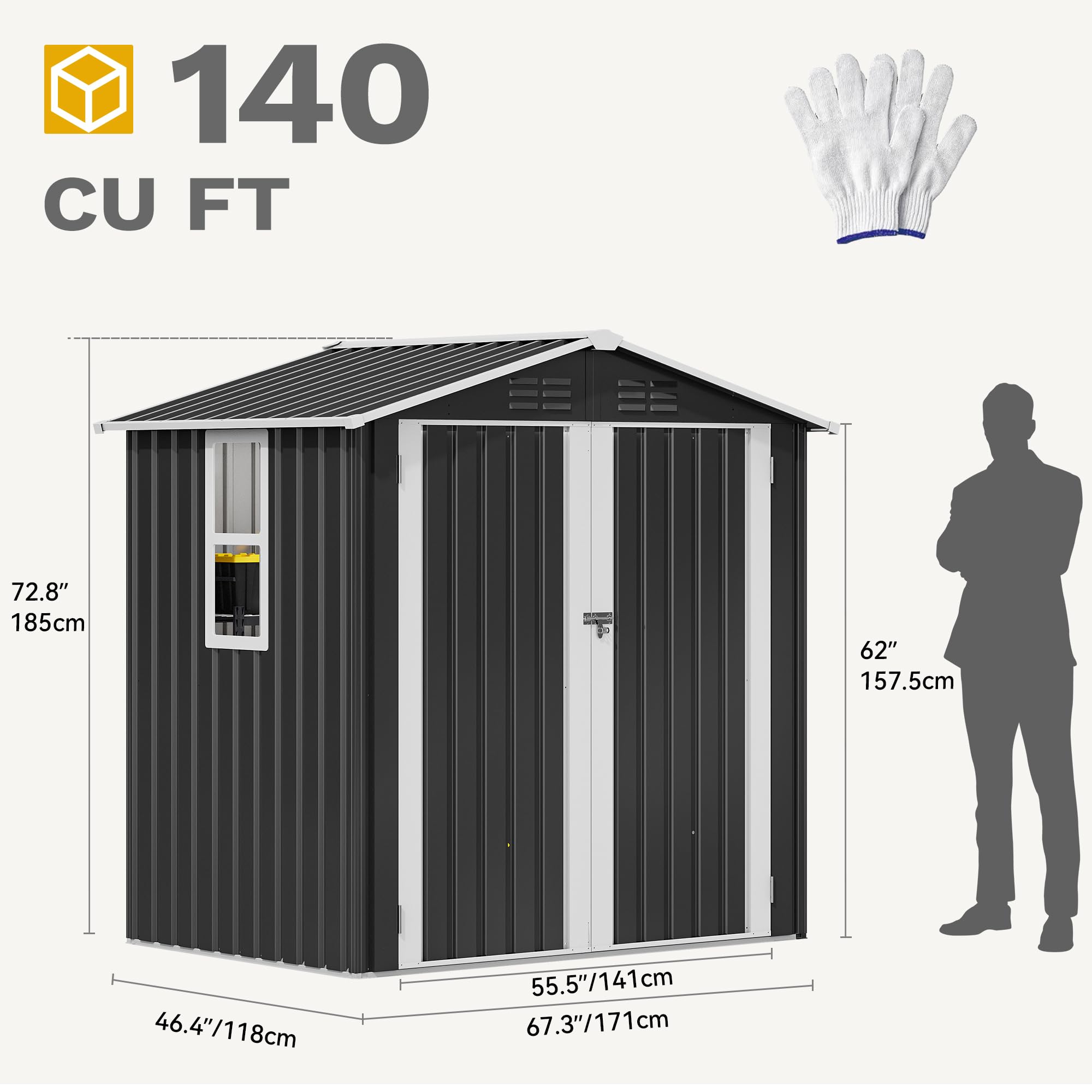 DWVO 6x4ft Metal Outdoor Storage Shed with Window, Lockable Tool Storage Sheds, Steel Garden Sheds with Sloped Roof for Backyard, Patio, Garage, Lawn, Gray-New - Image 6