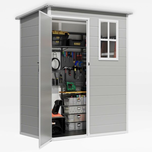 Gizoon 5X3 FT Resin Outdoor Storage Shed, Plastic Garden Sheds with Floor to Store Patio Furniture, Gardening Tools, Outside Patio Storage House with Lockable Door for Backyard, Lawn, Grey-New - Image 2