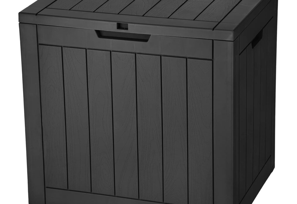 30 Gallon Deck Box Outdoor Storage Box, Waterproof Resin Package Delivery and Storage Box with Lockable Lid for Patio Furniture Cushions, Pool Accessories, Garden Tools, Black-New