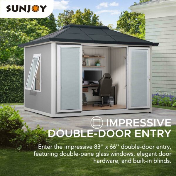 Sunjoy Office Shed for Outdoor, Tiny House 10'x12.6' She Shed, Backyard Office, Multipurpose Outdoor Room, Home Gym with Floor, 2 Windows and Lockable Doors ? Premium & Durable Design-New - Image 2