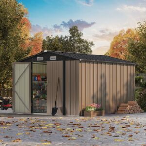 Patiowell 8x10 FT Outdoor Storage Shed, Large Garden Tool Metal Shed with Sloping Roof and Double Lockable Door, Outdoor Shed for Backyard Garden Patio Lawn, Brown-New