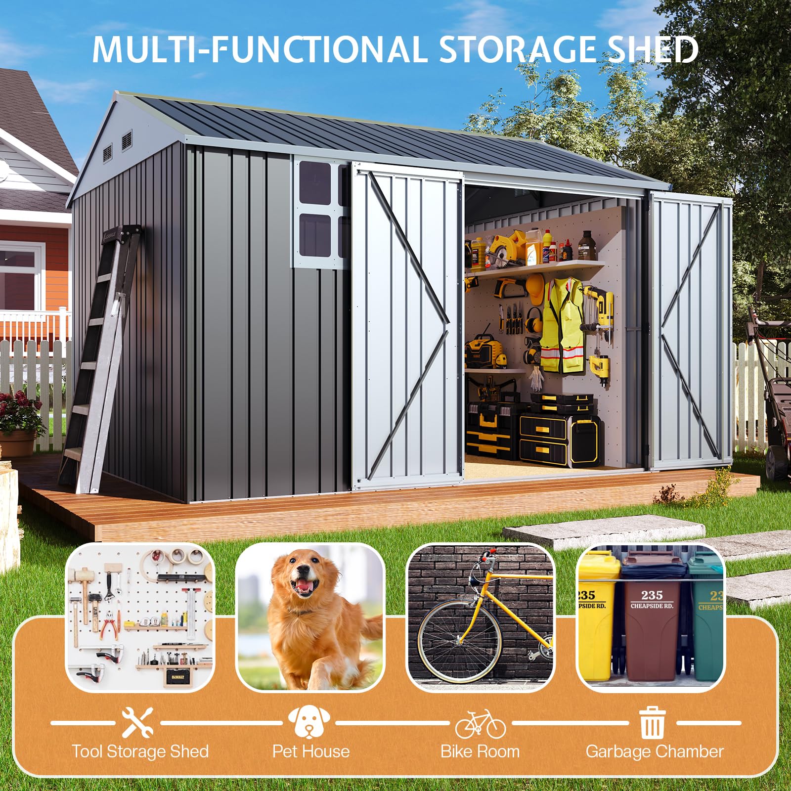 Jocisland 10x8.6x7.3 FT Sheds & Outdoor Storage, Lockable Double Hinged Doors and 4 Vents, Metal Large Shed, Backyard Storage for Bikes and Garden Tools Dark Black/White-New - Image 6