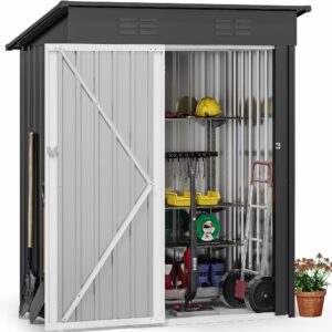 DWVO Metal Outdoor Storage Shed 5x3ft, Lockable Tool Sheds Storage with Air Vent for Garden, Patio, Lawn to Store Garbage Can, Lawnmower, Dark Gray-New