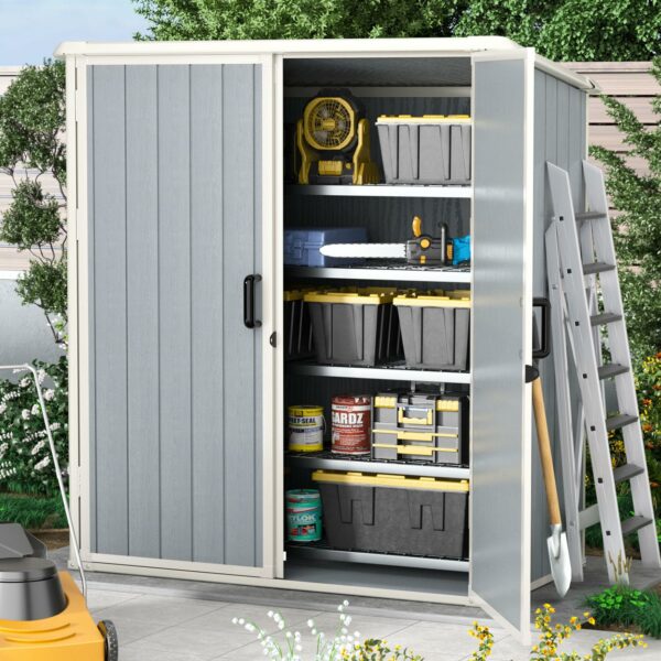Aoxun Outdoor Storage Shed 5 x 3FT, Resin Shed with Floor and Lockable Door, Plastic Shed for Bike, Garbage Can, Tool, Accessories, Lawn, Garden - Grey-New - Image 4