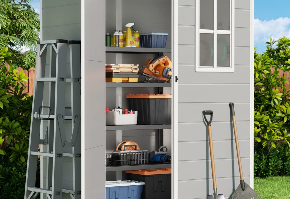Gizoon 5X3 FT Resin Outdoor Storage Shed, Plastic Garden Sheds with Floor to Store Patio Furniture, Gardening Tools, Outside Patio Storage House with Lockable Door for Backyard, Lawn, Grey-New
