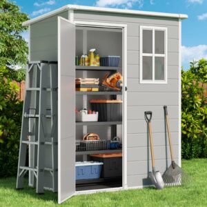 Gizoon 5X3 FT Resin Outdoor Storage Shed, Plastic Garden Sheds with Floor to Store Patio Furniture, Gardening Tools, Outside Patio Storage House with Lockable Door for Backyard, Lawn, Grey-New