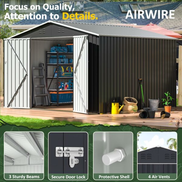 10x10 FT Outdoor Storage Shed, Garden Shed with Updated Frame Structure and Lockable Doors, Metal Tool Sheds for Backyard Garden Patio Lawn, Grey-New - Image 4