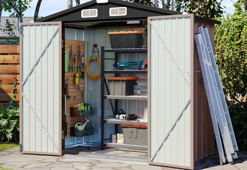 Aoxun 6×3.9 FT Shed with Base Metal Outdoor Storage Shed Garden Shed with Lockable Doors Tool Shed Bike Shed for Backyard, Patio, Poolside (Brown)-New