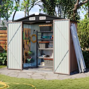 Aoxun 6x3.9 FT Shed with Base Metal Outdoor Storage Shed Garden Shed with Lockable Doors Tool Shed Bike Shed for Backyard, Patio, Poolside (Brown)-New