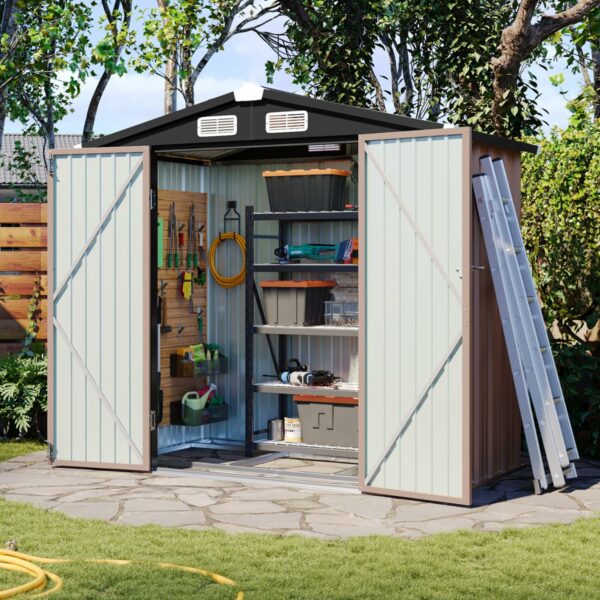 Aoxun 6x3.9 FT Shed with Base Metal Outdoor Storage Shed Garden Shed with Lockable Doors Tool Shed Bike Shed for Backyard, Patio, Poolside (Brown)-New