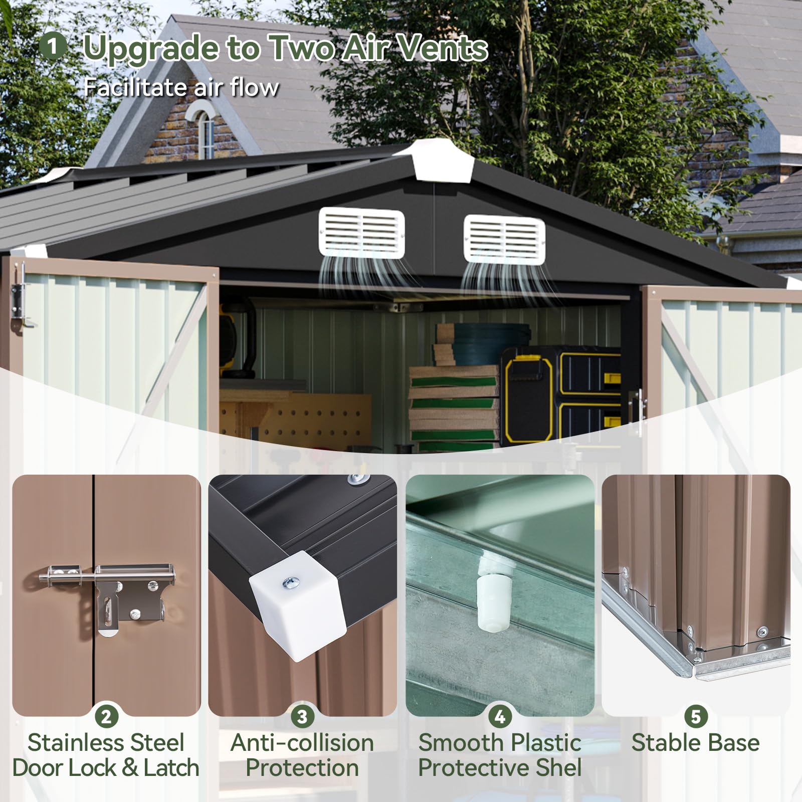 Aoxun 6x3.9 FT Shed with Base Metal Outdoor Storage Shed Garden Shed with Lockable Doors Tool Shed Bike Shed for Backyard, Patio, Poolside (Brown)-New - Image 6
