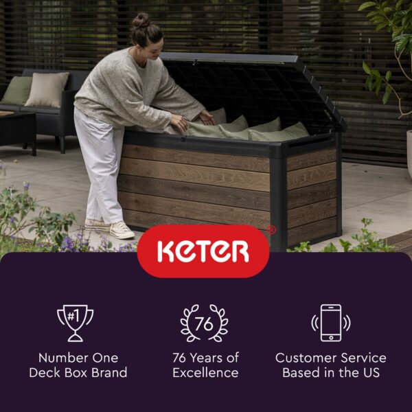 Keter Outdoor Storage Deck Box, 150 Gallon Resin Patio Bin & Bench, Wood Grain, Brown ? Premium & Durable Design-New - Image 6