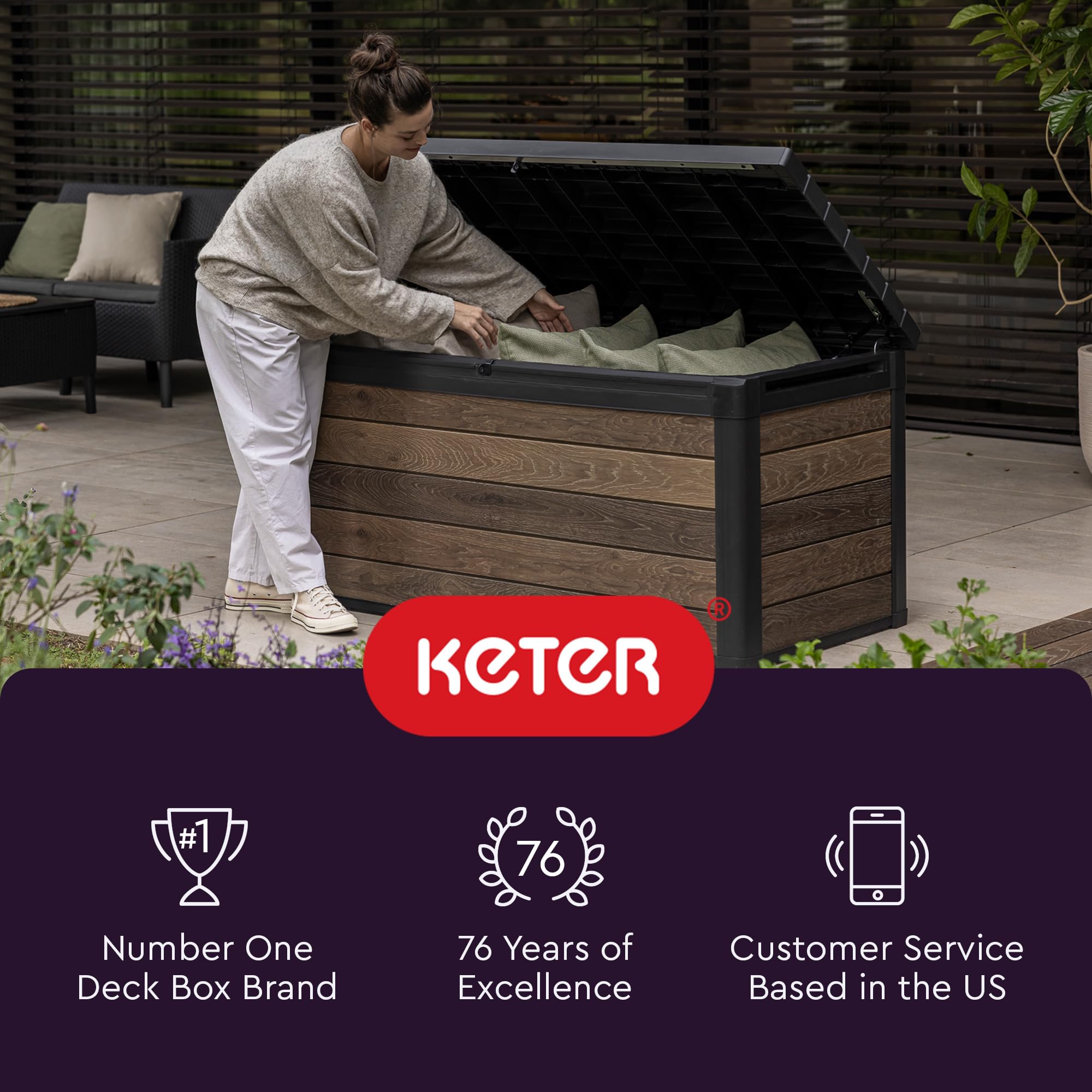 Keter Outdoor Storage Deck Box, 150 Gallon Resin Patio Bin & Bench, Wood Grain, Brown ? Premium & Durable Design-New - Image 6