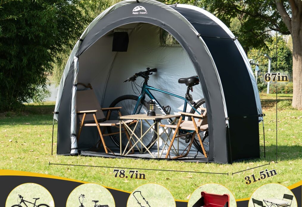 Happy Travel Bike Storage Shed Tent,Outdoor Portable Bicycle Storage Sheds with 210D Oxford Fabric PU4000 Waterproof for 2/3/4/6/8 Bikes,Bike Covers Shelter for Motorcycle,Garden Tools,Toys,Lawn Mower-New