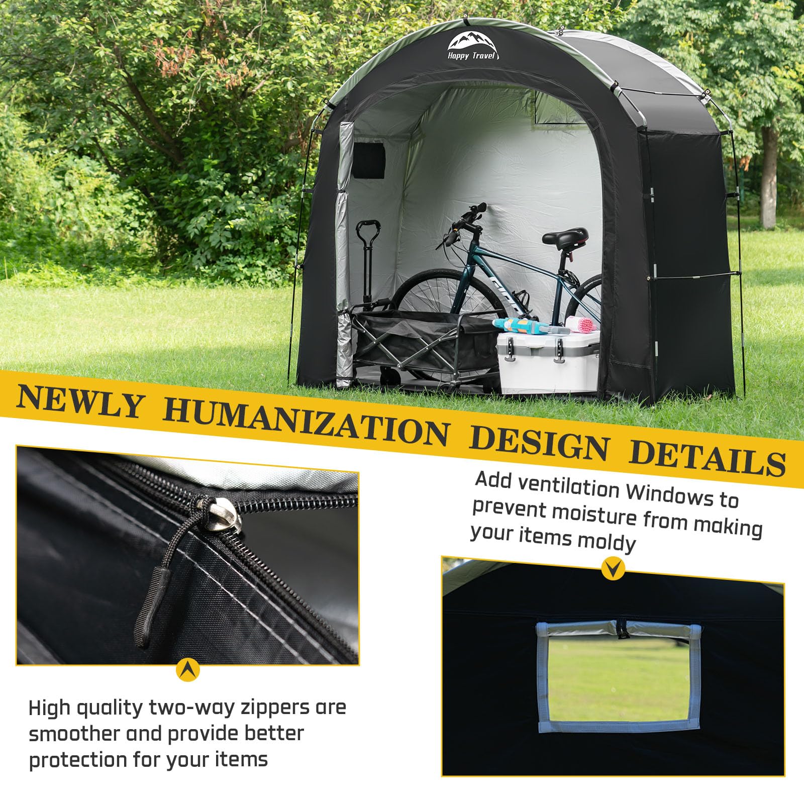 Happy Travel Bike Storage Shed Tent, Waterproof Portable Bicycle Cover with 30% More Top Storage Space for 2/3/4/5 Bikes,Clips Easy Setup Outdoor Sheds Shelter for Motorcycle, Garden Tools, Lawn Mower-New - Image 6
