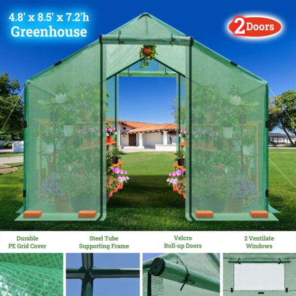 BenefitUSA 4.8x8.5x7.2'H Large Walk-in Peak Roof Greenhouse with 2 Zipper Doors & Windows (Green) ? Premium & Durable Design-New - Image 2